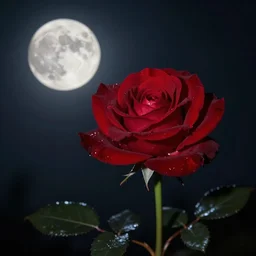 a blood red rose blooming at night under the full moon 8 k hyperrealism night time full moon scene