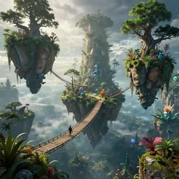 floating islands connected by rope bridges, avatar landscape, high - tech space cult with trees and plants and alien flowers, dramatic lighting, epic, octane render, volumetric light, unreal engine, artbreeder, 8 k, background, scene, digital, artwork, high quality, 8 k