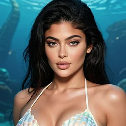 Kylie Jenner as the queen of atlantis wearing a shell bikini, atlantis in the background, photorealistic, highly detailed face, realistic face, beautiful detailed eyes, fantasy art, in the style of greg rutkowski, illustration, epic, fantasy, intricate, hyper detailed, artstation, concept art, smooth, sharp focus, ray tracing, vibrant,