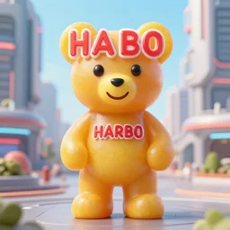 portrait of haribo bear in future city, color and shape focus, central composition, natural light, b