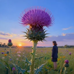 enlarged thistle flower under head, a girl in a suit in field of flowers, surreal photography, sunrise, blue sky, dramatic light, impressionist painting, digital painting, artstation, simon stalenhag