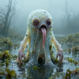 a creepy monster blob, slimy tongue, saliva, translucent skin, standing in shallow water, covered in seaweed, drowned, unsettling, creepy, artstation, cgsociety, insanely detailed octane render, 8k artistic photography, photorealistic