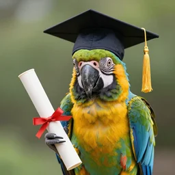 photograph of a parrot wearing a graduation cap, holding a diploma in its beak, photorealistic