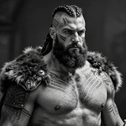 black and white portrait of a tall muscular man, with a full black beard, barbarian with white and gray skin, short hair on sides of head, braided hair on top of head, tribal tattoos on head and chest and back, short hair on sides of head, shoulder armor as bear fur, upper body portrait, style by donato giancola, wayne reynolds, jeff easley dramatic light, high detail, cinematic lighting, artstation, dungeons and dragons