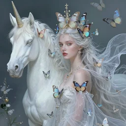 epic ultra detailed realistic portrait of beautiful queen made of butterflies and translucent fabric. in the unicorn's garden. surrealistic. abstract. magic. by greg rutkowski, concept art, smooth, sharp foccus ilustration, artstation hq. intricate, elegant. by basil gogos. art by wlop and artgerm and greg rutkowski and