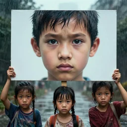3 kids holding a billboard outside on a rainy day. photorealistic, highyly determined face, trending on artstation, octane, v. ray, intricate detail, eagled nose, portrait mode, studio lighting, cinematic lighting, low angle