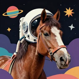a horse wearing astronaut helmet, in space, psychedelic art, music cover, 70s, colorful