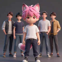 a beautiful fullbody portrait of a cute anime boy with pink hair and pink wolf ears. character design by cory loftis, fenghua zhong, ryohei hase, ismail inceoglu and ruan jia. artstation, volumetric light, detailed, photorealistic, fantasy, rendered in octane