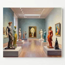 an achingly beautiful print of the interior of a modern art museum with vibrant contemporary sculptures display, by Raphael, Hopper, and Rene Magritte. detailed, romantic, enchanting, trending on artstation.
