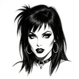 goth girl burlesque psychobilly punk, detailed face, white background, drawing, illustration by frank frazetta and boris vallejo