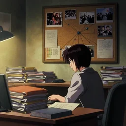 a cinematic shot from the detective noir anime film of the ( ( ( ( cyberpunk ) ) ) ) detective's disorganised desk with stacks of folders and files and the wall with a corkboard of crime connections ( ( ( crimescene photos, cases and notes ) ) ) in her bedroom, in the style of the anime film, featured on artstation