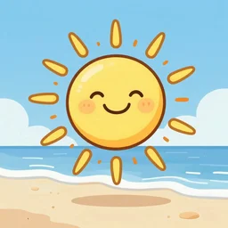 drawing of a happy sun as character, on beach