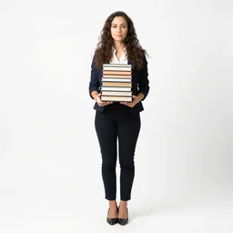 petite teacher with books, studio photography, full body, standing, isolated on a pure white background, centered, whole figure in frame, sharp focus, studio lighting
