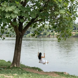 There is a tree by the river, a girl wearing a white skirt swinging under the tree, by Vicente Romero Redondo