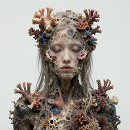 brutalist concept art of a close shot portrait of a girl covered in dead shriveled iridescent coral reef