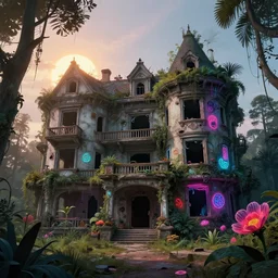 a beautiful very detailed illustration of abandoned urbex building mansion unfinished building by denise scott brown, meadow uv light morning sun at dusk evil retrowave magic realism poppy junglepunk neon signs, archdaily, wallpaper, highly detailed, trending on artstation.