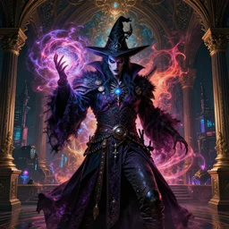 high fashion, beautiful mid body portrait, evil powerful wizard mage, intricate colorful cosmic uncontrollable magic battle, skyrim, witcher, rococo baroque gothic oriental eastern victorian interior cyberpunk city vista, artstation, tyle of artgerm, andreas rocha, hiroshi nagai