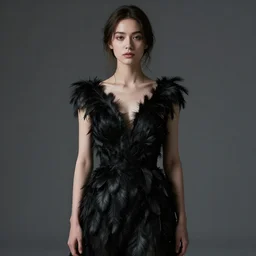 meredit frampton style : hight focus of a wonderful realistic focused sweet wonderful symmetrical mid portrait of a lonely very beautiful lady, with a dress that is like a realistic black plumes, image in center, dramatic light, octane render - 8 k