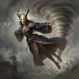 character concept art of sorceress wearing half horned mask flying inside a tornado, full body shot, detailed legs, stretching, fantasy painterly style, intricate details, artwork by ross tran, artgerm, eimbrodered clothing
