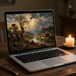 a close - up of a macbook laptop on a candle - lit table. painting in the style of rembrandt