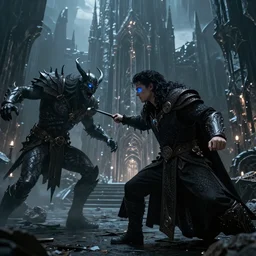 Fingolfin, the Highking of the Noldor with black hair and blue, glowing eyes, fighting Melkor, the Dark Lord and Master of all evil in front of his dark and gigantic fortress Angband, photorealism,  artstation, 3d
