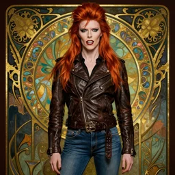 art nouveau, David Bowie, vampire, sharp teeth, leather jacket, jeans, long red hair, full body