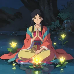 a himalayan woman sitting in water, ritual, mage, beautiful gown, vibrant colors, somber, glowing flowers, by Makoto Shinkai and Wojtek Fus, by sakimichan, rossdraws, by artgerm