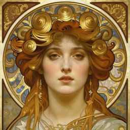 realistic detailed face portrait of a beautiful young Goddess of Night by Alphonse Mucha, Greg Hildebrandt, and Mark Brooks, gilded details, spirals, Neo-Gothic, gothic, Art Nouveau, ornate medieval religious icon