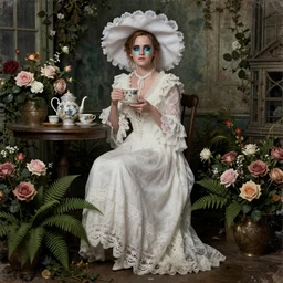 washed out on worn out canvas textured canvas wall full body fashion model emma watson smokey eyes makeup eye shadow fantasy, glow, shimmer as victorian woman in a long white frilly lace dress and a large white hat having tea in a sunroom filled with flowers, roses and lush fern flowers ,intricate, night, highly detailed, dramatic lighting , high quality