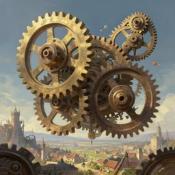 giant interlocked gears cogs floating in void, clockwork, giant mechanisms, industry, villages castles, buildings vista artstation illustration sharp focus sunlit vista painted by ruan jia raymond swanland lawrence alma tadema zdzislaw beksinski norman rockwell tom lovell alex malveda greg staples