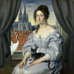portrait of woman in night gown with cat and crane with city with gothic cathedral seen from a window frame with curtains. max ernst, jan van eyck, bonnard, henri de toulouse - lautrec, utamaro, matisse, monet, audubon