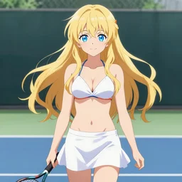 a very beautiful young anime tennis girl, full body, long wavy blond hair, sky blue eyes, full round face, short smile, bikini, miniskirt, front view, medium shot, highly detailed, cinematic wallpaper by stanley artgerm lau