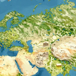 Environment map of a large wasteland with ruins of a past civilization, bold complementary colors, cartographic,
