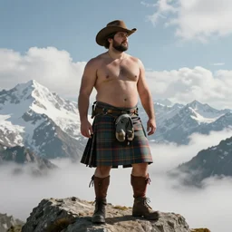 a homoerotic portrait by greg rutkowski and albert bierstadt and bill ward of a shirtless thicc desi hiker on a mountain peak | he is wearing a tartan kilt, cowboy hat, and leather boots | background is snowy mountains and clouds | detailed face, ethereal, dreamlike | trending on artstation