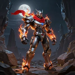 Techno organic android armor with a red scarf made of fire billowing behind him and skull gauntlets standing in a rock quarry, moonlit night, full body single character, League of Legends Character Splash Art, rubber suit, Arcane style, action scene, fight scene, good value control, high quality, 4k, ultra realistic, highly detailed, illustration, promotional image, matte painting, rule of thirds, centered, cinematography