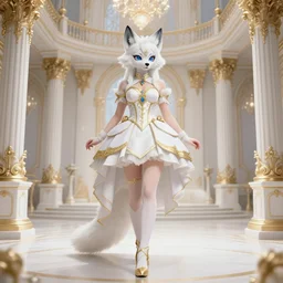 full body shot of a female anthro furry wolf princess fursona with white hair wearing a white and gold dress in a white and gold palace, by Wlop and jerry park, artstation, detailed