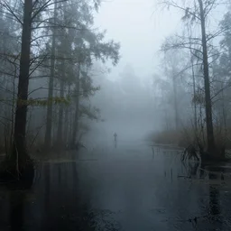 a foggy swamp, with murky water and eerie mist. the only thing visible is a small, lone figure in the distance.