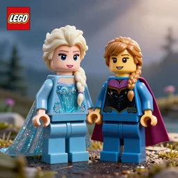 lego minifigs of elsa and anna from frozen. photo, remake, retouched in photoshop, caricature