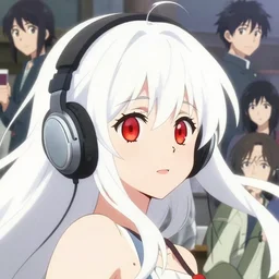 anime poster visual, portrait of a young woman, large red eyes, white hair!!!!!, long, wearing wireless headphones, cute face by ilya kuvshinov, yoshinari yoh, makoto shinkai, katsura masakazu, dynamic perspective pose, detailed facial features, kyoani, rounded eyes, crisp and sharp, cel shade