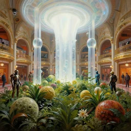 lush bulbous garden dramatic perspective organic 3 d fractal a minimalist cinematic scifi with giant bright translucent bioluminescent microscopy, gigantic pillars, victorian shopping mall courtyard maschinen krieger, beeple, the matrix, star wars, ilm, star citizen, mass effect, oil painting by donato giancola, chris foss, warm coloured, artstation, atmospheric perspective