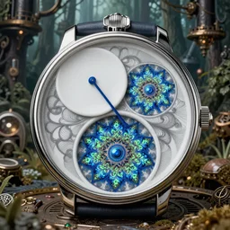 Jaquet Droz, Tomer Hanuka, smooth liquid metal with detailed line work, Mandelblub fractal, Exquisite detail, blue neon details, green neon details, white ceramic shapes, hyper detailed, intricate illustration, steampunk, steampunk forest background, liquid polished metal, by peter mohrbacher trending on artstation, photo realistic, octane render