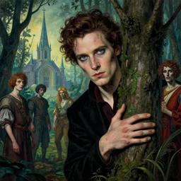 realistic detailed portrait movie shot of an beautiful elegant male zombie hiding in trees, futuristic forest with a church in background by jean deville, amano, yves tanguy, denis villeneuve, alphonse mucha, max ernst, caravaggio, roger dean, masterpiece, rich moody colours, blue eyes