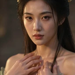 epic masterpiece of asian goddess, sweaty skin, hyperrealistic, octane render, cinematic, beautiful face and flawless skin, perfect hands, 5 fingers,  by Edgar Maxence and Ross Tran and Michael Whelan, Legends of Runeterra