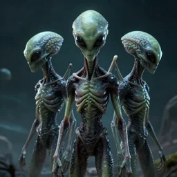 aliens brainsuckers at alien nature of their planet by katsuya terada, photorealism, hyper realism, octane render, 8 k, hyper detailed.