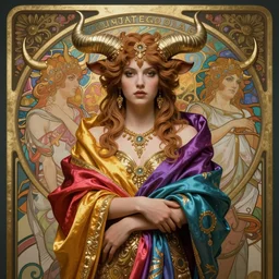 taurus goddess with bulls horns, wrapped in beautiful soft vibrant fabrics, luxurious and decadent, cinematic portrait by artgerm, cushart krenz, greg rutkowski, mucha. art nouveau. gloomhaven, gleaming vibrant colors, sharp edges. ultra clear detailed. 8 k. elegant, intricate, octane render