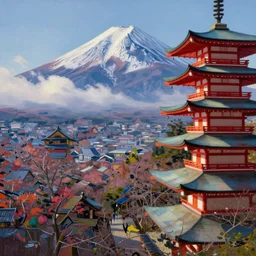 a beautiful japanese city in the clouds, mount fuji in the background, amazing ryokans and gorgeous edo era houses, epic cyberpunk, lofi vibe, colorful, vivide colors, amazing light, really beautiful nature, oil painting in impressionist style, by jeremy lipkin, by claude monet, by makoto shinkai, intense, multiple brush strokes, inspired by ghibli, masterpiece, beautiful