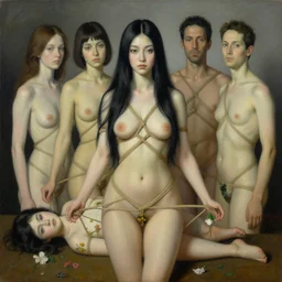 pop surrealism, lowbrow art, realistic seductive cute woman painting, long black hair, japanese shibari with flowers, hyper realism, muted colours, rococo, natalie shau, loreta lux, tom bagshaw, mark ryden, trevor brown style,