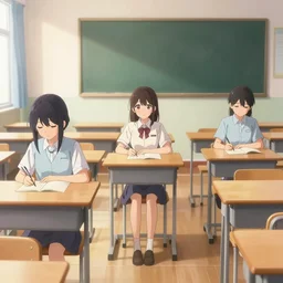 a beautiful picture of three people in empty classroom, anime, detailed, 8 k