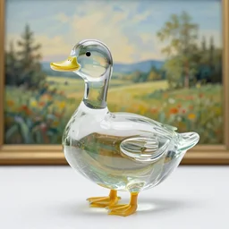 A transparent sculpture of a duck made out of glass. In front of landscape painting.