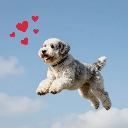 Old English sheepdog flying with clouds and hearts